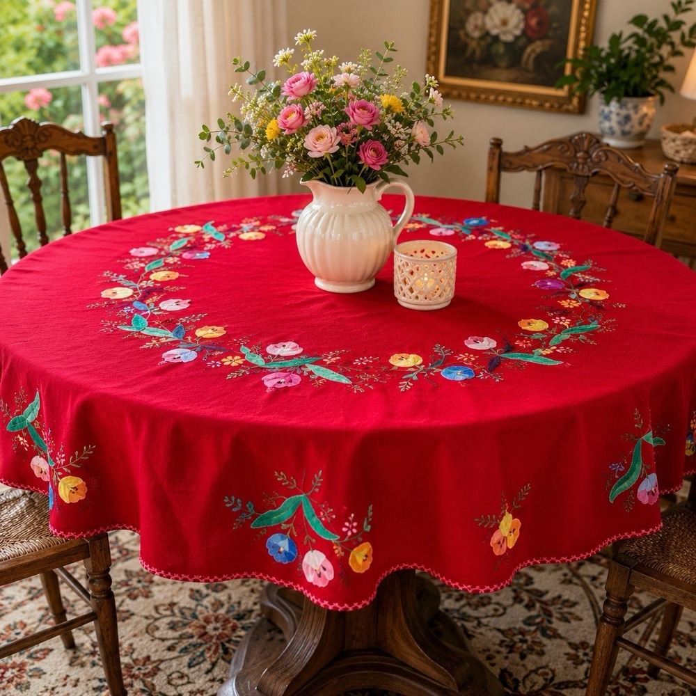 Vintage Handmade Embroidered Hot Pink Round Tablecloth Floral 58x58 Cotton